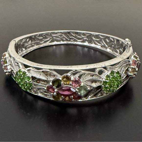 Unsigned Natural Tourmaline Gemstones Sterling Silver Hinged Bangle Bracelet 34g